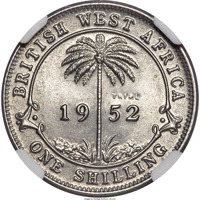 British West Africa coin 1 Shilling - George VI (1952) reverse reverse of 1 Shilling - George VI (1952) coin with KM# TS3 from British West Africa. Inscription: BRITISH WEST AFRICA 19 52 ONE SHILLING