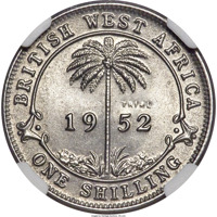reverse of 1 Shilling - George VI (1952) coin with KM# TS3 from British West Africa. Inscription: BRITISH WEST AFRICA 19 52 ONE SHILLING
