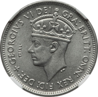 obverse of 1 Shilling - George VI (1952) coin with KM# TS4 from British West Africa. Inscription: GEORGIVS VI DEI GRA:BRITT: OMN: REX FID: DEF: TRIAL
