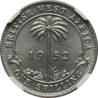 reverse of 1 Shilling - George VI (1952) coin with KM# TS4 from British West Africa. Inscription: BRITISH WEST AFRICA TRIAL 19 52 ONE SHILLING