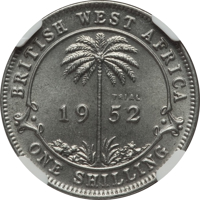British West Africa coin 1 Shilling - George VI (1952) reverse reverse of 1 Shilling - George VI (1952) coin with KM# TS4 from British West Africa. Inscription: BRITISH WEST AFRICA TRIAL 19 52 ONE SHILLING