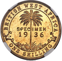British West Africa coin 1 Shilling - George V (1936) reverse reverse of 1 Shilling - George V (1936) coin with KM# Pn8 from British West Africa. Inscription: BRITISH WEST AFRICA SPECIMEN 19 36 ONE SHILLING