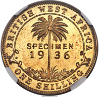reverse of 1 Shilling - George V (1936) coin with KM# Pn8 from British West Africa. Inscription: BRITISH WEST AFRICA SPECIMEN 19 36 ONE SHILLING