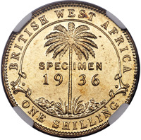 British West Africa coin 1 Shilling - George V (1936) reverse reverse of 1 Shilling - George V (1936) coin with KM# Pn6 from British West Africa. Inscription: BRITISH WEST AFRICA SPECIFMEN 1936 ONE SHILLING