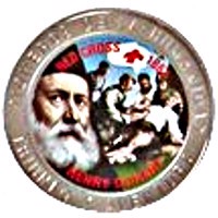 reverse of 1000 Pesetas - Pioneers of Humanity - Red Cross (1997) coin from Western Sahara. Inscription: PIONEROS DE LA HUMANIDAD RED CROSS 1864 HENRI DUNANT TRIUNFO Y AVENTURA