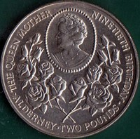 Alderney coin 2 Pounds - Elizabeth II - Queen Mother's 90th Birthday (1990) reverse reverse of 2 Pounds - Elizabeth II - Queen Mother's 90th Birthday (1990) coin with KM# 2 from Alderney. Inscription: THE QUEEN MOTHER NINETIETH BIRTHDAY · ALDERNEY-TWO POUNDS ·