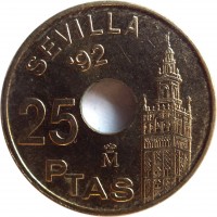 Spain coin 25 Pesetas - Juan Carlos I - Giralda Tower of Sevilla (1992) reverse reverse of 25 Pesetas - Juan Carlos I - Giralda Tower of Sevilla (1992) coin with KM# 904 from Spain. Inscription: SEVILLA '92 25 PTAS