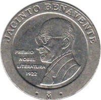 Spain coin 200 Pesetas - Juan Carlos I - Jacinto Benavente (1997) obverse obverse of 200 Pesetas - Juan Carlos I - Jacinto Benavente (1997) coin with KM# 986 from Spain. Inscription: JACINTO BENAVENTE PREMIO NOBEL LITERATURA 1922 M
