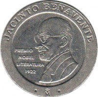 obverse of 200 Pesetas - Juan Carlos I - Jacinto Benavente (1997) coin with KM# 986 from Spain. Inscription: JACINTO BENAVENTE PREMIO NOBEL LITERATURA 1922 M