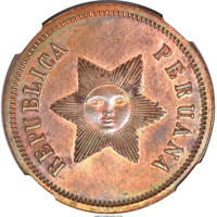 obverse of 1 Centimo (1855) coin with KM# Pn7 from Peru. Inscription: REPUBLICA PERUANA