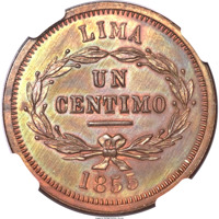 Peru coin 1 Centimo (1855) reverse reverse of 1 Centimo (1855) coin with KM# Pn7 from Peru. Inscription: LIMA UN CENTIMO 1855