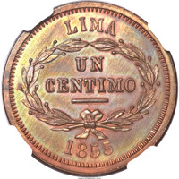 reverse of 1 Centimo (1855) coin with KM# Pn7 from Peru. Inscription: LIMA UN CENTIMO 1855