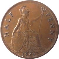 reverse of 1/2 Penny - George V - Small head (1928 - 1936) coin with KM# 837 from United Kingdom. Inscription: HALF PENNY 1929