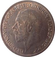 obverse of 1 Penny - George V - Modified portrait (1926 - 1927) coin with KM# 826 from United Kingdom. Inscription: GEORGIVS V DEI GRA:BRITT:OMN:REX FID:DEF:IND:IMP: BM
