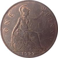 reverse of 1 Penny - George V - Modified portrait (1926 - 1927) coin with KM# 826 from United Kingdom. Inscription: ONE PENNY 1927