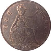 United Kingdom coin 1 Penny - George V - Modified portrait (1926 - 1927) reverse reverse of 1 Penny - George V - Modified portrait (1926 - 1927) coin with KM# 826 from United Kingdom. Inscription: ONE PENNY 1927