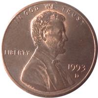 obverse of 1 Cent - Lincoln Memorial Cent (1983 - 2008) coin with KM# 201b from United States. Inscription: IN GOD WE TRUST LIBERTY 1993 D VDB