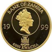 obverse of 6000 Kwacha - Elizabeth II - RMS Douro (1999) coin from Zambia. Inscription: BANK OF ZAMBIA 19 99 6000 KWACHA