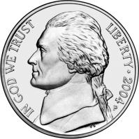 United States coin 5 Cents - Louisiana Purchase - Jefferson Nickel (2004) obverse obverse of 5 Cents - Louisiana Purchase - Jefferson Nickel (2004) coin with KM# 360 from United States. Inscription: IN GOD WE TRUST LIBERTY * 2004 FS