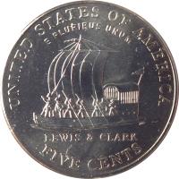United States coin 5 Cents - Westward Journey Keelboat - Jefferson Nickel (2004) reverse reverse of 5 Cents - Westward Journey Keelboat - Jefferson Nickel (2004) coin with KM# 361 from United States. Inscription: UNITED STATES OF AMERICA E PLURIBUS UNUM Am LEWIS & CLARK FIVE CENTS