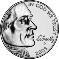 obverse of 5 Cents - Westward Journey Bison - Jefferson Nickel (2005) coin with KM# 368 from United States. Inscription: IN GOD WE TRUST Liberty 2005 JF DE