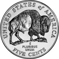 reverse of 5 Cents - Westward Journey Bison - Jefferson Nickel (2005) coin with KM# 368 from United States. Inscription: UNITED STATES of AMERICA E PLURIBUS UNUM FIVE CENTS NEN