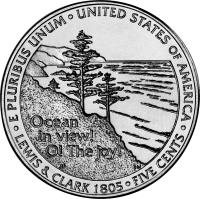 United States coin 5 Cents - Westward Journey Ocean View - Jefferson Nickel (2005) reverse reverse of 5 Cents - Westward Journey Ocean View - Jefferson Nickel (2005) coin with KM# 369 from United States. Inscription: Ocean in view! O! The joy! E PLURIBUS UNUM · UNITED STATES OF AMERICA · LEWIS & CLARK 1805 · FIVE CENTS · JF DW