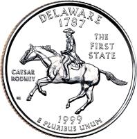 United States coin 1/4 Dollar - Delaware - Washington Quarter (1999) reverse reverse of 1/4 Dollar - Delaware - Washington Quarter (1999) coin with KM# 293 from United States. Inscription: DELAWARE 1787 THE FIRST STATE CAESAR RODNEY 1999 E PLURIBUS UNUM WC