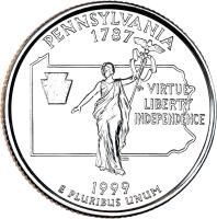 reverse of 1/4 Dollar - Pennsylvania - Washington Quarter (1999) coin with KM# 294 from United States. Inscription: PENNSYLVANIA 1787 VIRTUE LIBERTY INDEPENDENCE 1999 E PLURIBUS UNUM JM