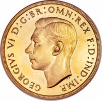 obverse of 5 Pounds - George VI (1937) coin with KM# 861 from United Kingdom. Inscription: GEORGIVS VI D:G:BR:OMN:REX F:D:IND:IMP.