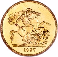 United Kingdom coin 5 Pounds - George VI (1937) reverse reverse of 5 Pounds - George VI (1937) coin with KM# 861 from United Kingdom. Inscription: 1937 B.P.