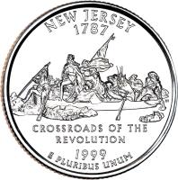 reverse of 1/4 Dollar - New Jersey - Washington Quarter (1999) coin with KM# 295 from United States. Inscription: NEW JERSEY 1787 CROSSROADS OF THE REVOLUTION 1999 E PLURIBUS UNUM AM