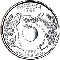 United States coin 1/4 Dollar - Georgia - Washington Quarter (1999) reverse reverse of 1/4 Dollar - Georgia - Washington Quarter (1999) coin with KM# 296 from United States. Inscription: GEORGIA 1788 WISDOM JUSTICE MODERATION 1999 E PLURIBUS UNUM TJF