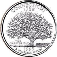 reverse of 1/4 Dollar - Connecticut - Washington Quarter (1999) coin with KM# 297 from United States. Inscription: CONNECTICUT 1788 THE CHARTER OAK 1999 E PLURIBUS UNUM TJV