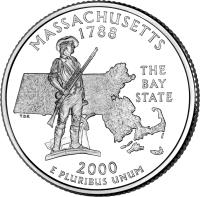 United States coin 1/4 Dollar - Massachusetts - Washington Quarter (2000) reverse reverse of 1/4 Dollar - Massachusetts - Washington Quarter (2000) coin with KM# 305 from United States. Inscription: MASSACHUSETTS 1788 THE BAY STATE 2000 E PLURIBUS UNUM TDR