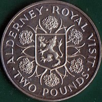 Alderney coin 2 Pounds - Elizabeth II - Royal Visit (1989) reverse reverse of 2 Pounds - Elizabeth II - Royal Visit (1989) coin with KM# 1 from Alderney. Inscription: ALDERNEY·ROYAL VISIT · TWO POUNDS ·