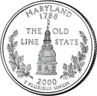 reverse of 1/4 Dollar - Maryland - Washington Quarter (2000) coin with KM# 306 from United States. Inscription: MARYLAND 1788 THE OLD LINE STATE 2000 E PLURIBUS UNUM TDR