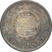 reverse of 1 Dollar - George III (1804) coin with KM# Pn66 from United Kingdom. Inscription: BRITANNIARUM REX FIDEI DEFENSOR 1804 HONI SOIT QUI MAL Y PENSE DOLLAR