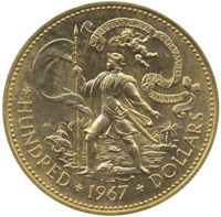 reverse of 100 Dollars - Elizabeth II (1967) coin with KM# 14 from Bahamas. Inscription: CHRISTOPHORVS COLVMBO - 1492 BAHAMAS * HUNDRED * 1967 * DOLLARS