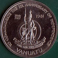 obverse of 50 Vatu - 1st. Anniversary of Independence (1981) coin with KM# 1 from Vanuatu. Inscription: TO COMMEMORATE THE 1st. ANNIVERSARY OF INDEPENDENCE 30th JULY 1981 LONG GOD YUMI STANAP VANUATU