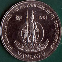 Vanuatu coin 50 Vatu - 1st. Anniversary of Independence (1981) obverse obverse of 50 Vatu - 1st. Anniversary of Independence (1981) coin with KM# 1 from Vanuatu. Inscription: TO COMMEMORATE THE 1st. ANNIVERSARY OF INDEPENDENCE 30th JULY 1981 LONG GOD YUMI STANAP VANUATU
