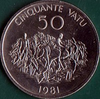 reverse of 50 Vatu - 1st. Anniversary of Independence (1981) coin with KM# 1 from Vanuatu. Inscription: CINQUANTE VATU 50 1981
