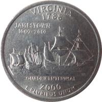 United States coin 1/4 Dollar - Virginia - Washington Quarter (2000) reverse reverse of 1/4 Dollar - Virginia - Washington Quarter (2000) coin with KM# 309 from United States. Inscription: VIRGINIA 1788 JAMESTOWN 1607-2007 QUADRICENTENNIAL 2000 E PLURIBUS UNUM