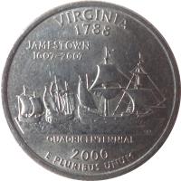 reverse of 1/4 Dollar - Virginia - Washington Quarter (2000) coin with KM# 309 from United States. Inscription: VIRGINIA 1788 JAMESTOWN 1607-2007 QUADRICENTENNIAL 2000 E PLURIBUS UNUM