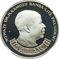 Malawi coin 10 Kwacha - 10th Anniversary of the Reserve Bank (1975) obverse obverse of 10 Kwacha - 10th Anniversary of the Reserve Bank (1975) coin with KM# 14 from Malawi. Inscription: NGWAZI DR.H.KAMUZA BANDA·LIFE PRESIDENT MALAWI