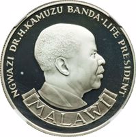 obverse of 10 Kwacha - 10th Anniversary of the Reserve Bank (1975) coin with KM# 14 from Malawi. Inscription: NGWAZI DR.H.KAMUZA BANDA·LIFE PRESIDENT MALAWI