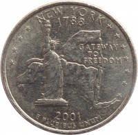 reverse of 1/4 Dollar - New York - Washington Quarter (2001) coin with KM# 318 from United States. Inscription: NEW YORK 1788 GATEWAY TO FREEDOM 2001 E PLURIBUS UNUM AM