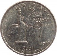 United States coin 1/4 Dollar - New York - Washington Quarter (2001) reverse reverse of 1/4 Dollar - New York - Washington Quarter (2001) coin with KM# 318 from United States. Inscription: NEW YORK 1788 GATEWAY TO FREEDOM 2001 E PLURIBUS UNUM AM