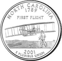 United States coin 1/4 Dollar - North Carolina - Washington Quarter (2001) reverse reverse of 1/4 Dollar - North Carolina - Washington Quarter (2001) coin with KM# 319 from United States. Inscription: NORTH CAROLINA 1789 FIRST FLIGHT 2001 E PLURIBUS UNUM JM