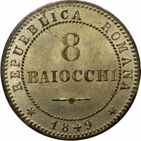 Italian States coin 8 Baiocchi (1849) reverse reverse of 8 Baiocchi (1849) coin with KM# 25 from Italian States. Inscription: REPUBBLICA ROMANA 8 BAIOCCHI * 1849 *